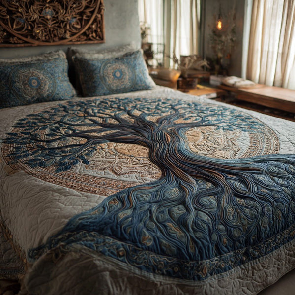 Midnight Mandala quilted 3-piece bedding set on a made bed with two matching pillow shams