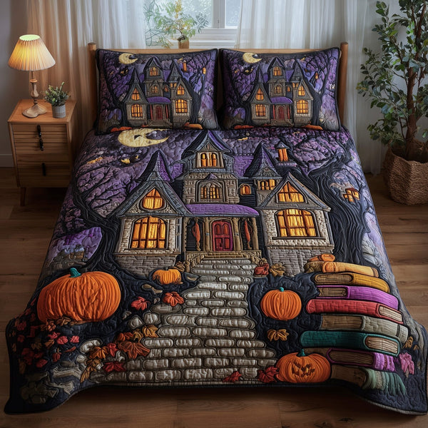 Midnight Manor quilted 3-piece bedding set on a made bed with two matching pillow shams