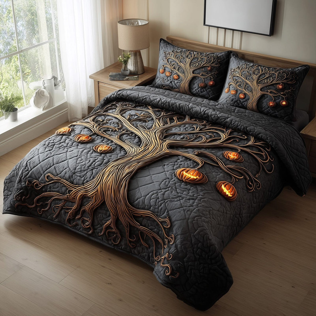 Midnight Manor quilted 3-piece bedding set on a made bed with two matching pillow shams