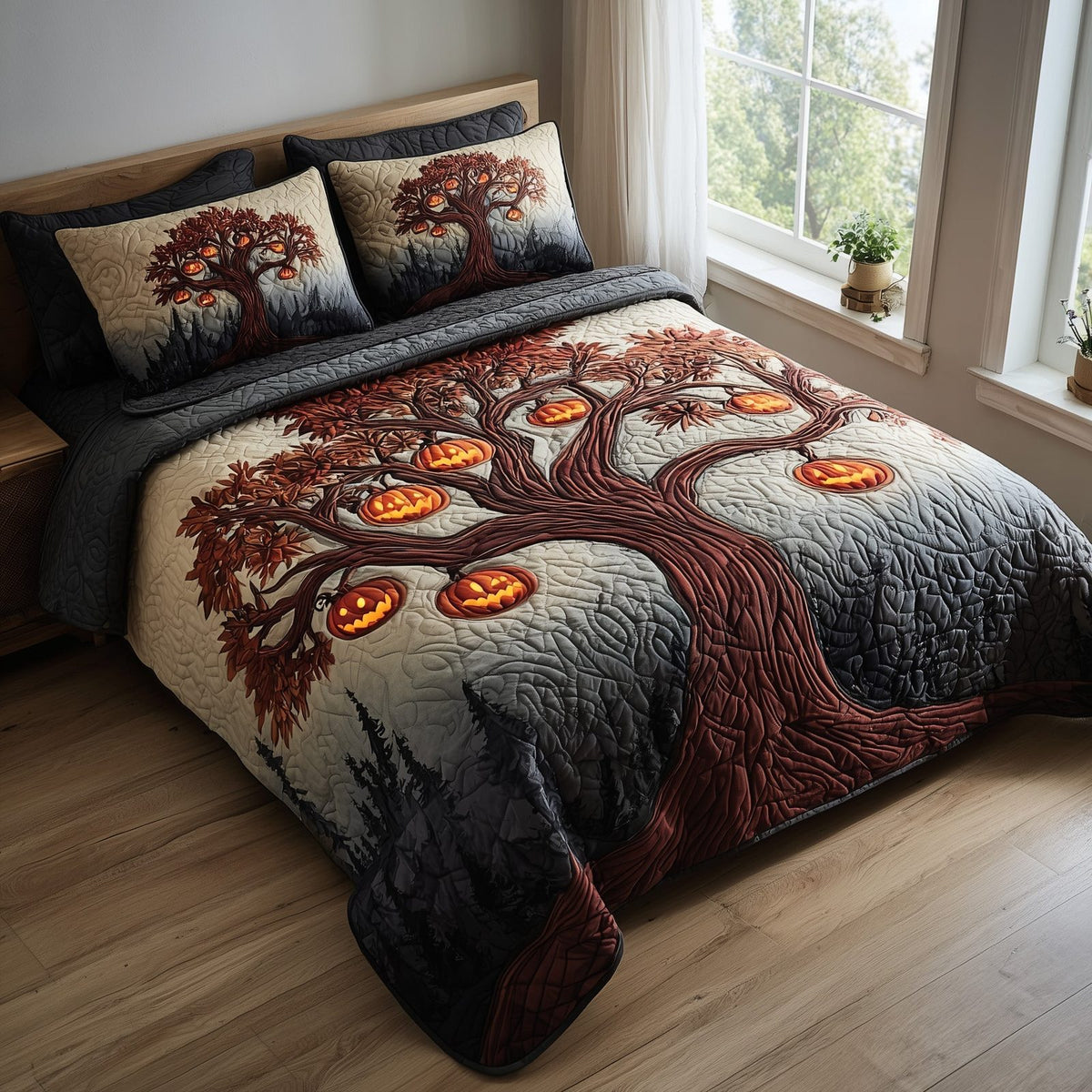 Midnight Manor quilted 3-piece bedding set on a made bed with two matching pillow shams