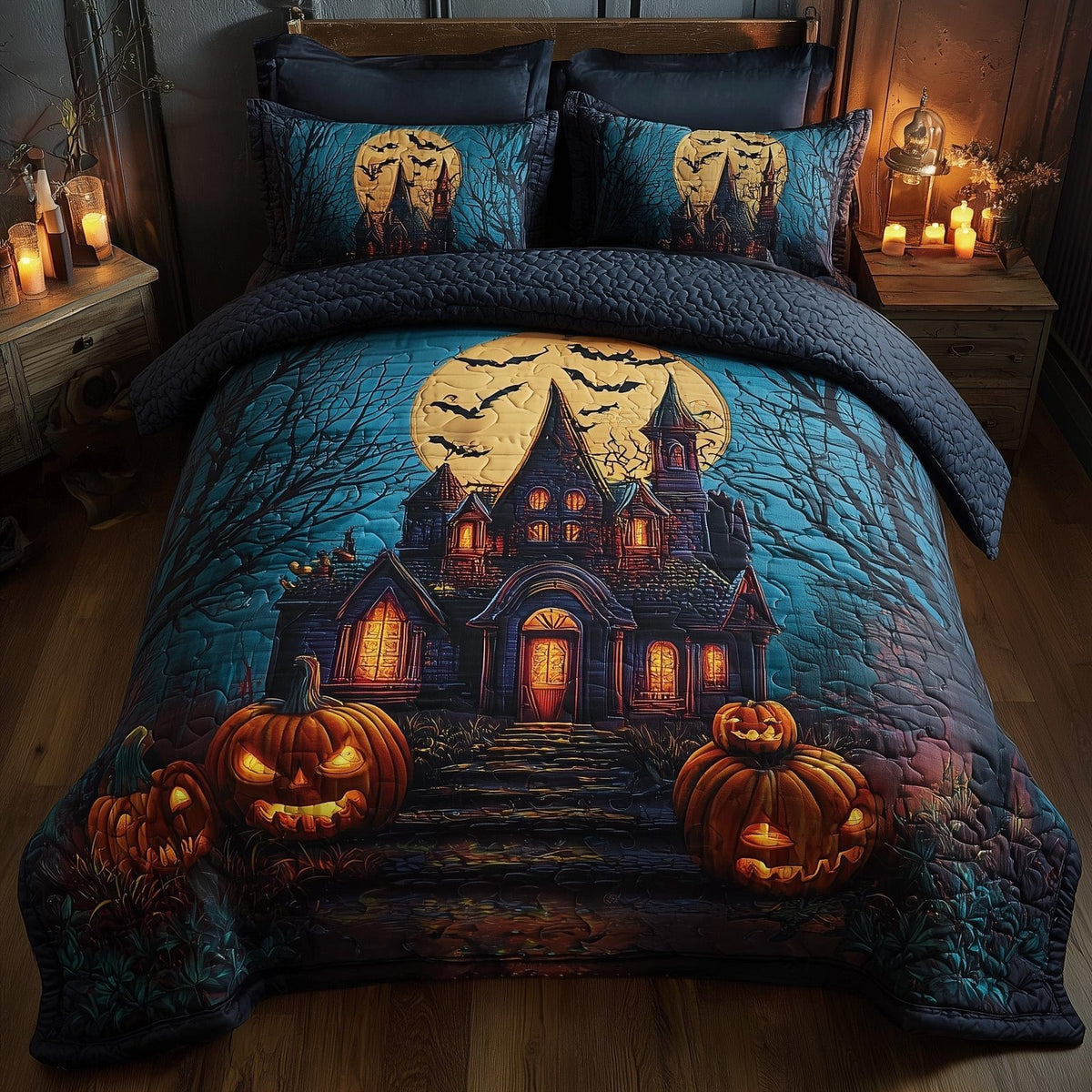 Midnight Manor quilted 3-piece bedding set on a made bed with two matching pillow shams