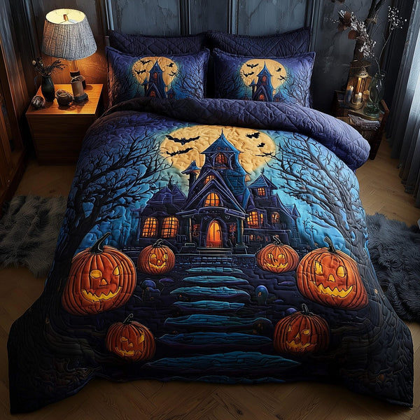 Midnight Manor quilted 3-piece bedding set on a made bed with two matching pillow shams