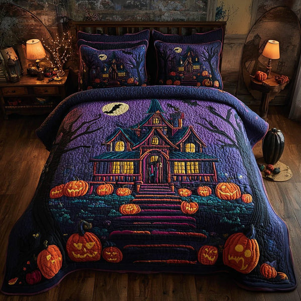 Midnight Manor quilted 3-piece bedding set on a made bed with two matching pillow shams