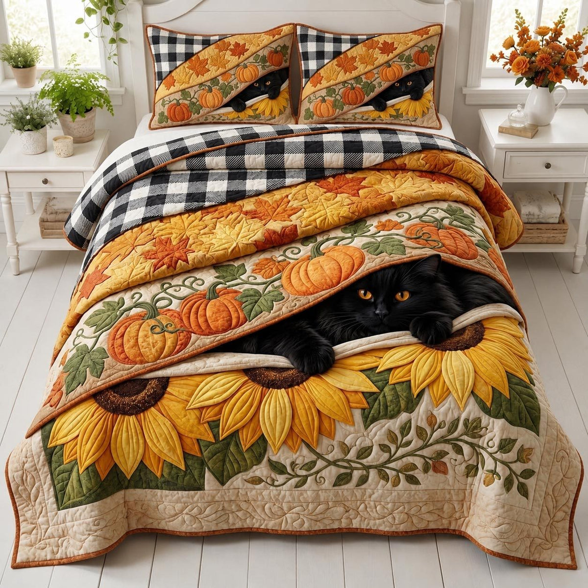 Midnight Maple quilted 3-piece bedding set on a made bed with two matching pillow shams