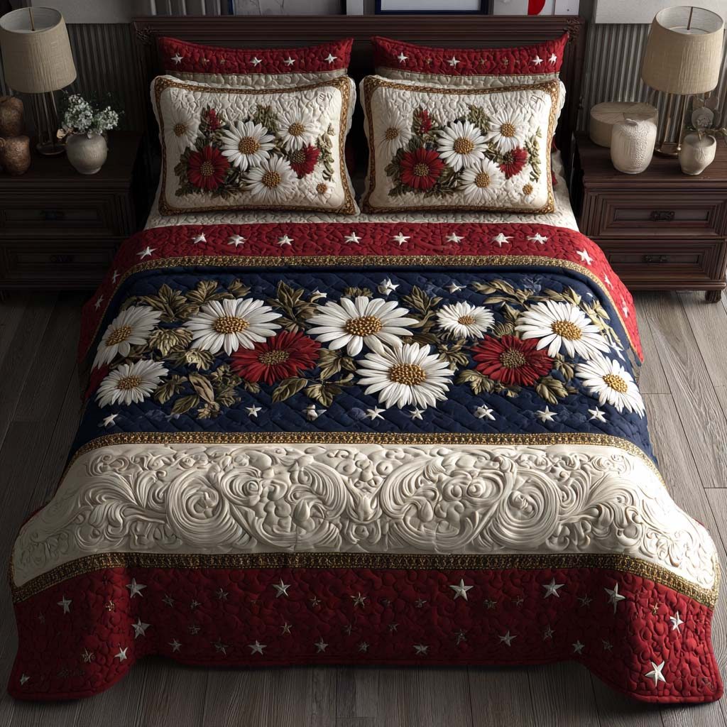Midnight Meadow quilted 3-piece bedding set on a made bed with two matching pillow shams