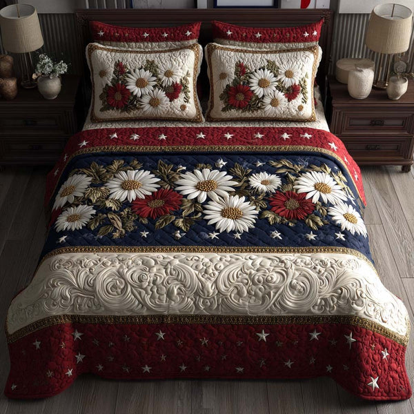 Midnight Meadow quilted 3-piece bedding set on a made bed with two matching pillow shams