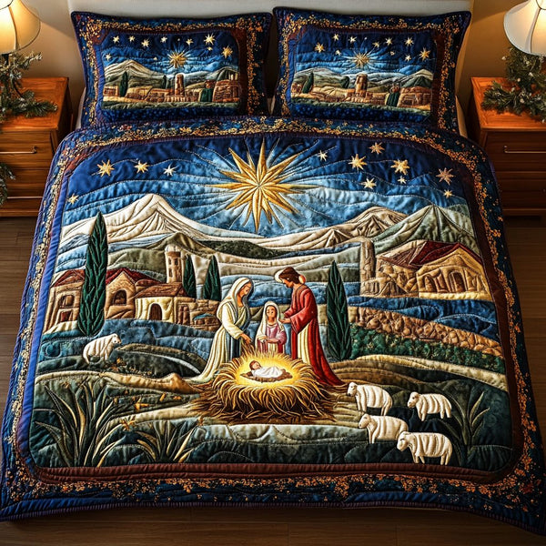Midnight Miracle quilted 3-piece bedding set on a made bed with two matching pillow shams