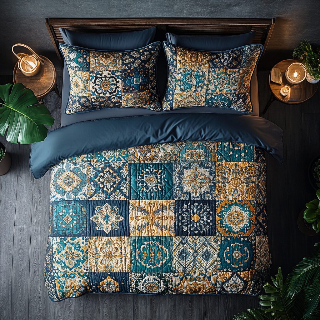 Midnight Mosaic quilted 3-piece bedding set on a made bed with two matching pillow shams