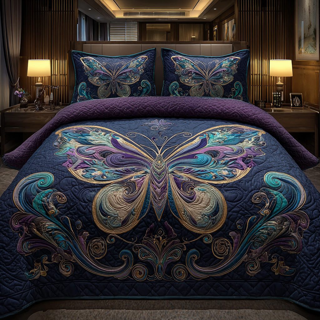 Midnight Moth quilted 3-piece bedding set on a made bed with two matching pillow shams
