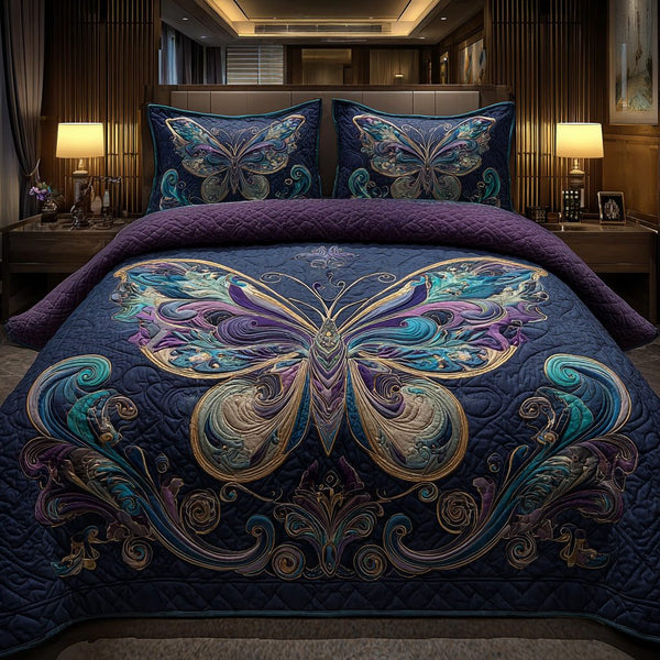 Midnight Moth quilted 3-piece bedding set on a made bed with two matching pillow shams