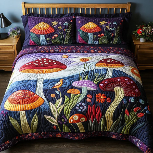 Midnight Mushroom quilted 3-piece bedding set on a made bed with two matching pillow shams