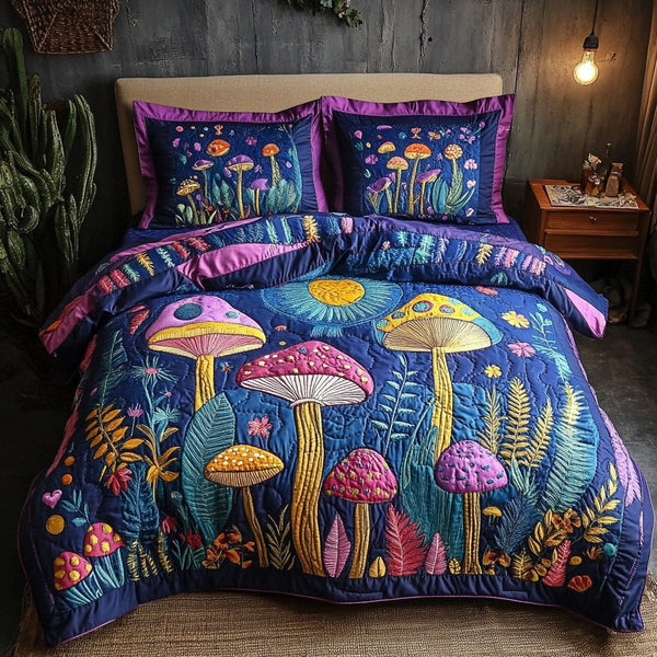 Midnight Mushrooms quilted 3-piece bedding set on a made bed with two matching pillow shams