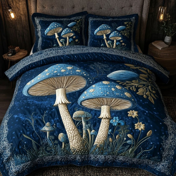 Midnight Mushrooms quilted 3-piece bedding set on a made bed with two matching pillow shams