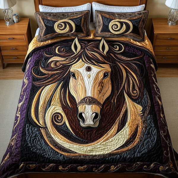 Midnight Mustang quilted 3-piece bedding set on a made bed with two matching pillow shams