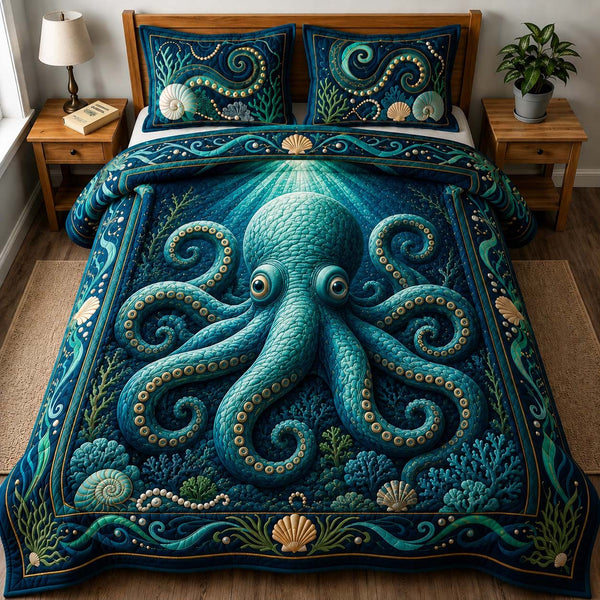 Midnight Octopus Reef quilted 3-piece bedding set on a made bed in a light coastal bedroom