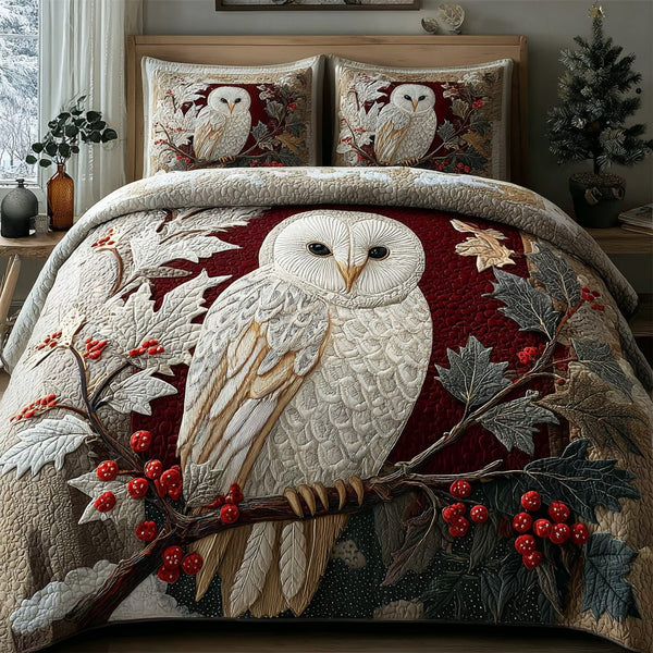 Midnight Owl quilted 3-piece bedding set on a made bed with two matching pillow shams