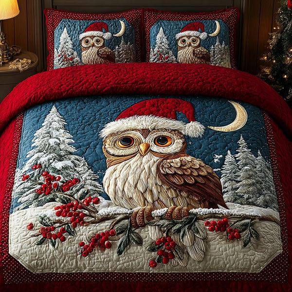 Midnight Owl quilted 3-piece bedding set on a made bed with two matching pillow shams