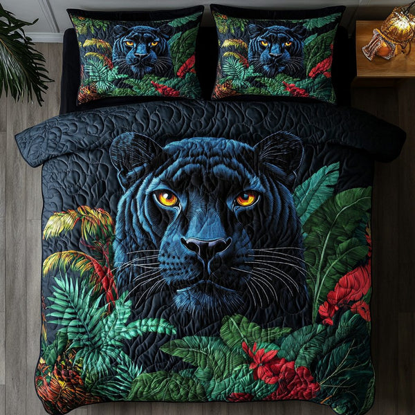 Midnight Panther Jungle quilted 3-piece bedding set on a made bed with two matching pillow shams
