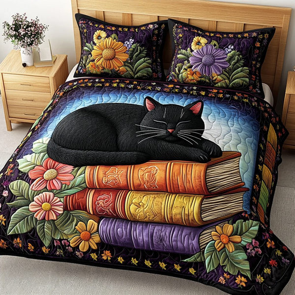 Midnight Paws quilted 3-piece bedding set on a made bed with two matching pillow shams