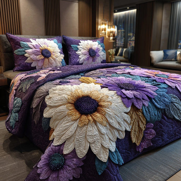 Midnight Petals quilted 3-piece bedding set on a made bed with two matching pillow shams