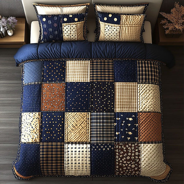 Midnight Plaid quilted 3-piece bedding set on a made bed in a farmhouse bedroom