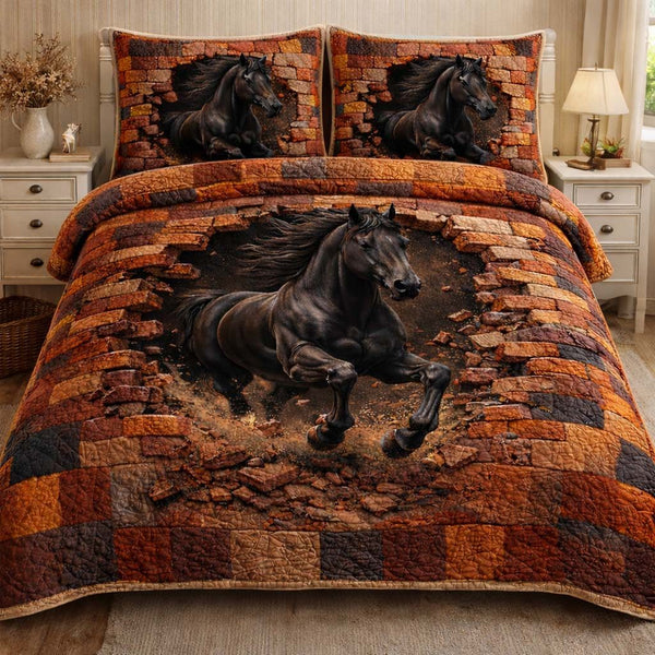 Midnight Power Stallion quilted 3-piece bedding set on a made bed in a rustic timber bedroom