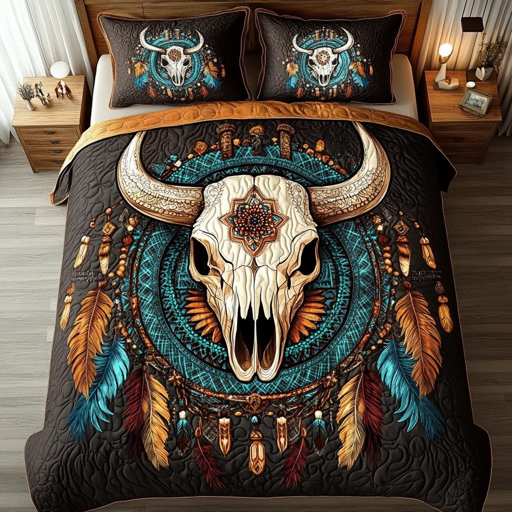 Midnight Prairie quilted 3-piece bedding set on a made bed in a rustic timber bedroom