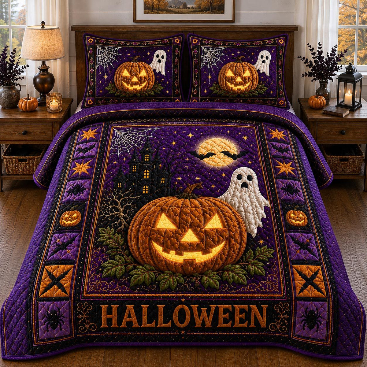 Midnight Pumpkin Glow quilted 3-piece bedding set on a made bed against a dark styled interior