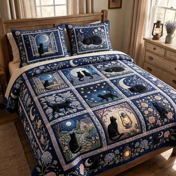 Midnight Pumpkin quilted 3-piece bedding set on a made bed against a dark styled interior