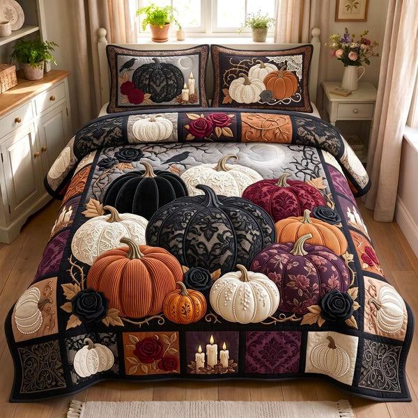 Midnight Pumpkin quilted 3-piece bedding set on a made bed against a dark styled interior