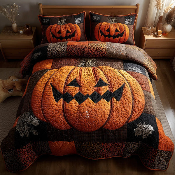 Midnight Pumpkin quilted 3-piece bedding set on a made bed against a dark styled interior