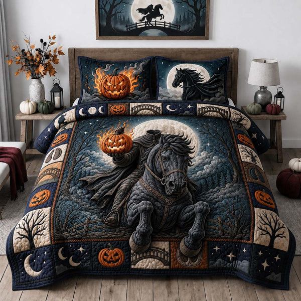 Midnight Pumpkin Rider quilted 3-piece bedding set on a made bed against a dark styled interior