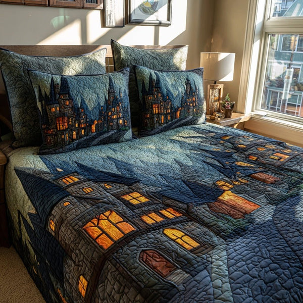 Midnight Pumpkin Shadows quilted 3-piece bedding set on a made bed against a dark styled interior