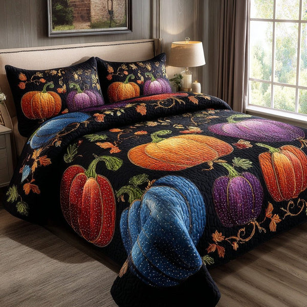 Midnight Pumpkins quilted 3-piece bedding set on a made bed against a dark styled interior