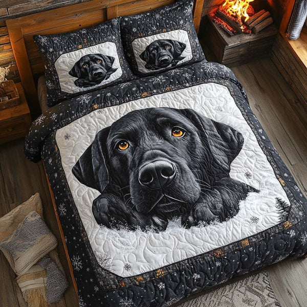 Midnight Pup quilted 3-piece bedding set on a made bed with two matching pillow shams