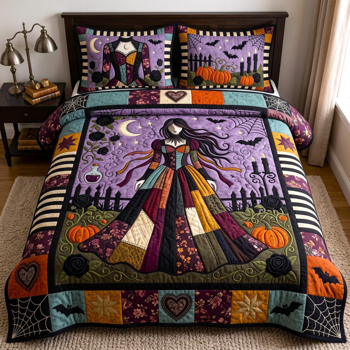 Midnight Queen quilted 3-piece bedding set on a made bed with two matching pillow shams