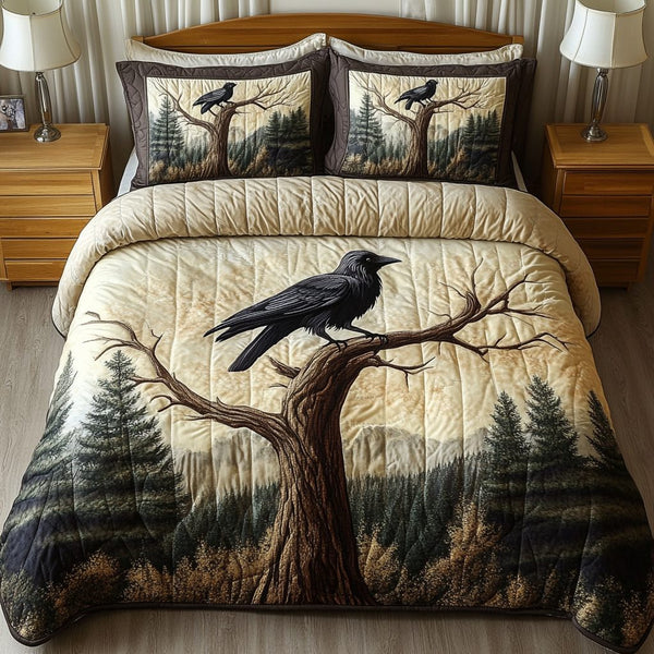 Midnight Raven quilted 3-piece bedding set on a made bed against a dark styled interior