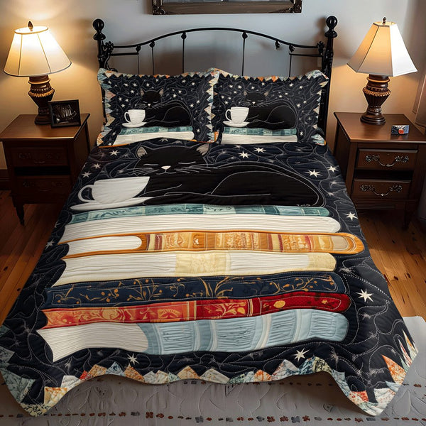 Midnight Reading quilted 3-piece bedding set on a made bed with two matching pillow shams