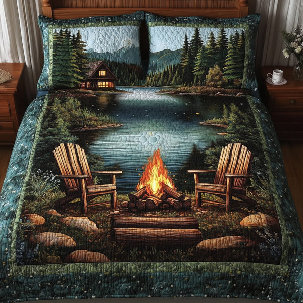 Midnight Retreat quilted 3-piece bedding set on a made bed with two matching pillow shams