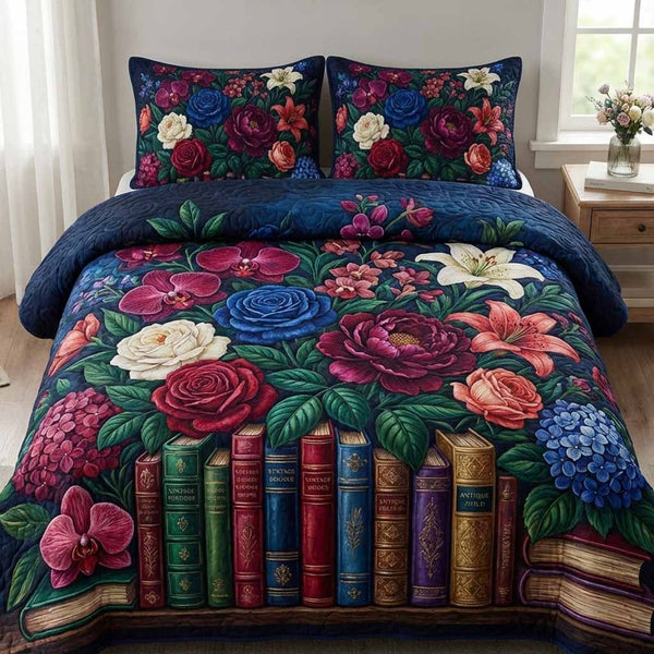 Midnight Romance quilted 3-piece bedding set on a made bed with two matching pillow shams