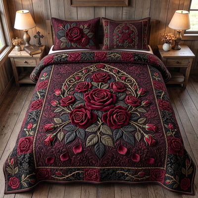 Midnight Rose 3-Piece Quilted Bedding Set - Design 1