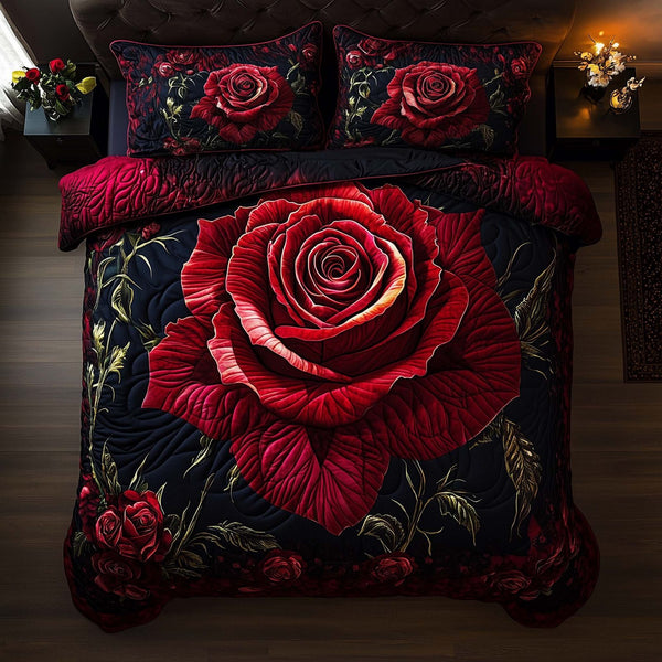 Midnight Rose quilted 3-piece bedding set on a made bed with two matching pillow shams