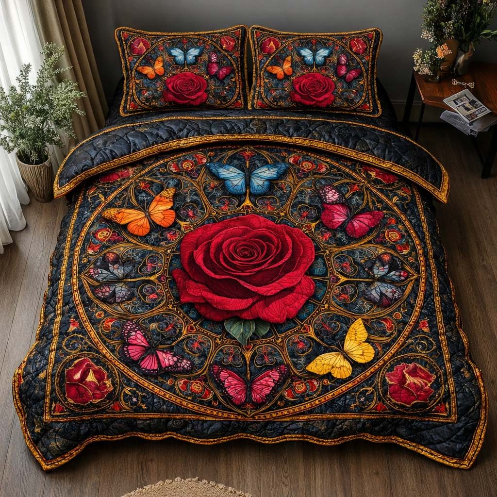 Midnight Rose quilted 3-piece bedding set on a made bed with two matching pillow shams