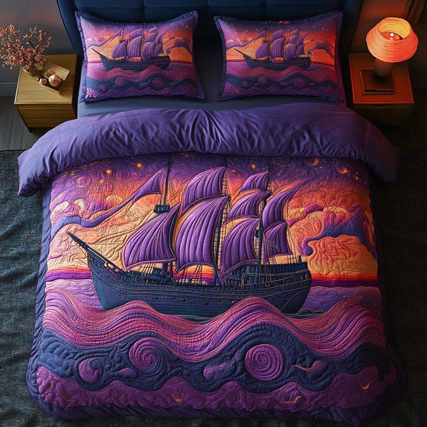 Midnight Sail quilted 3-piece bedding set on a made bed in a light coastal bedroom