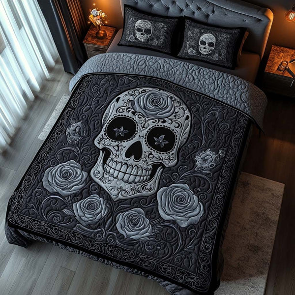 Midnight Skull Bloom quilted 3-piece bedding set on a made bed against a dark styled interior