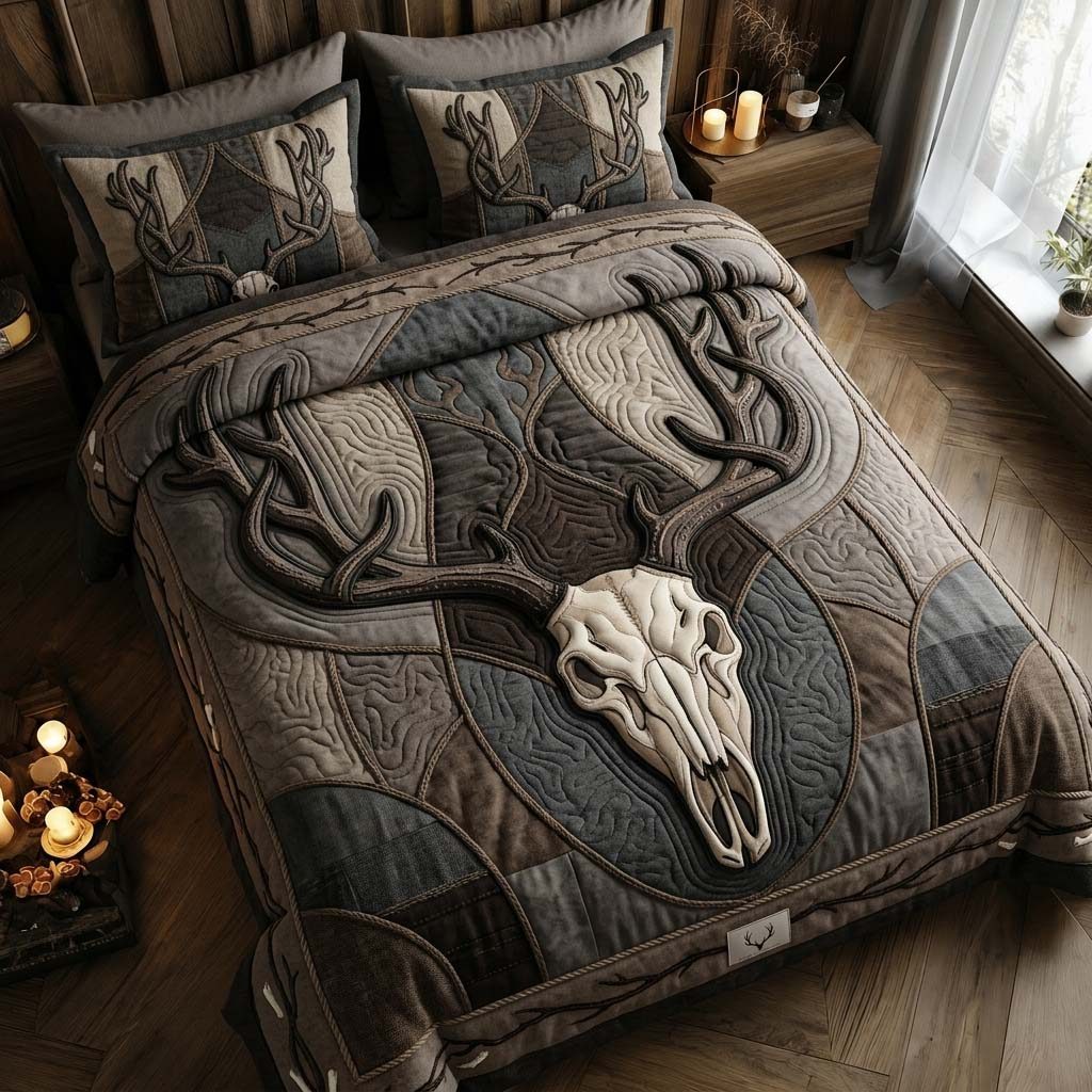Midnight Skull quilted 3-piece bedding set on a made bed against a dark styled interior