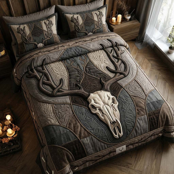 Midnight Skull quilted 3-piece bedding set on a made bed against a dark styled interior