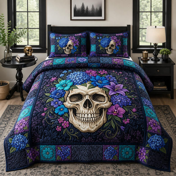 Midnight Skull quilted 3-piece bedding set on a made bed against a dark styled interior