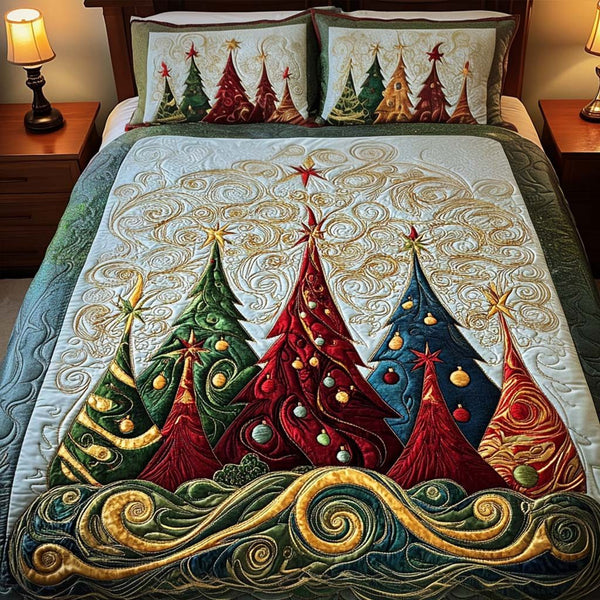 Midnight Snow Dance quilted 3-piece bedding set on a made bed with two matching pillow shams