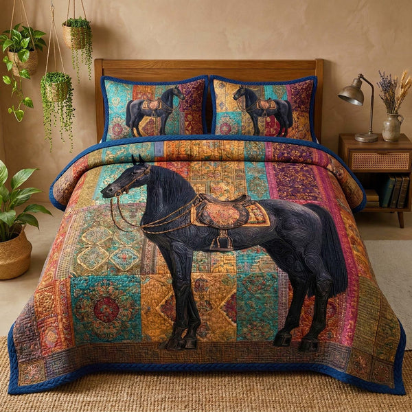 Midnight Stallion quilted 3-piece bedding set on a made bed in a rustic timber bedroom